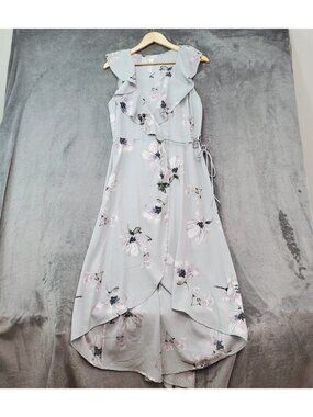 Womens Dress Gray Floral Wrap Maxi Size M Cottage Fairy Sun Wedding Peppermint